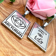 Load image into Gallery viewer, Elizabeth April EA Arcturian 2 Sided Channeled &amp; Attuned Evil Eye Protection Cosmic Species Sacred Geometry Card Tag Pendant 18” White Gold Necklace