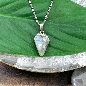 Faceted Shield Labradorite Minimalist Crystal Pendant 14” + 2" White Gold Necklace