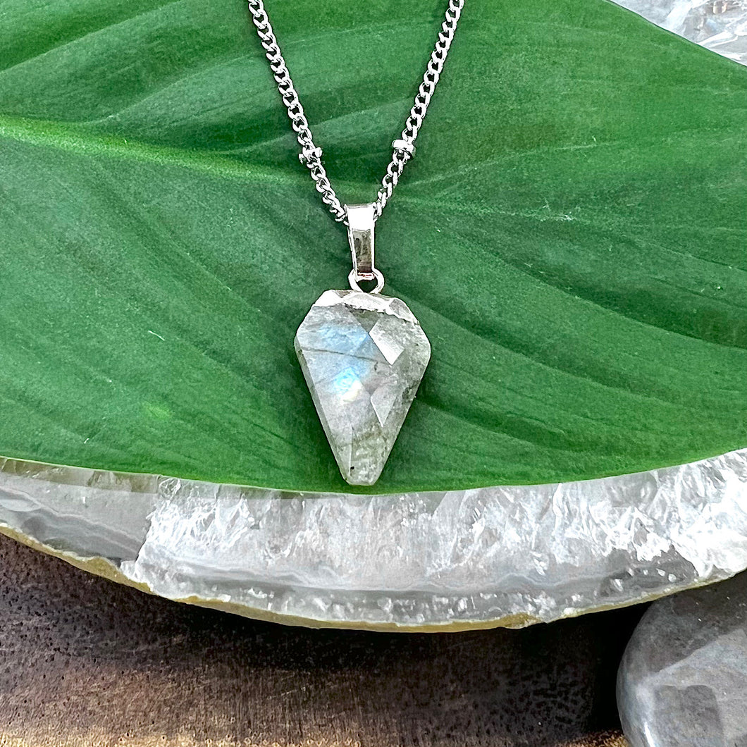 Faceted Shield Labradorite Minimalist Crystal Pendant 14” + 2