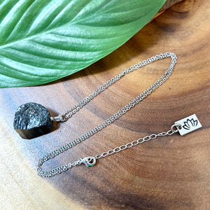 Raw Black Tourmaline Grounding Gemstone Pendant 18” White Gold Necklace