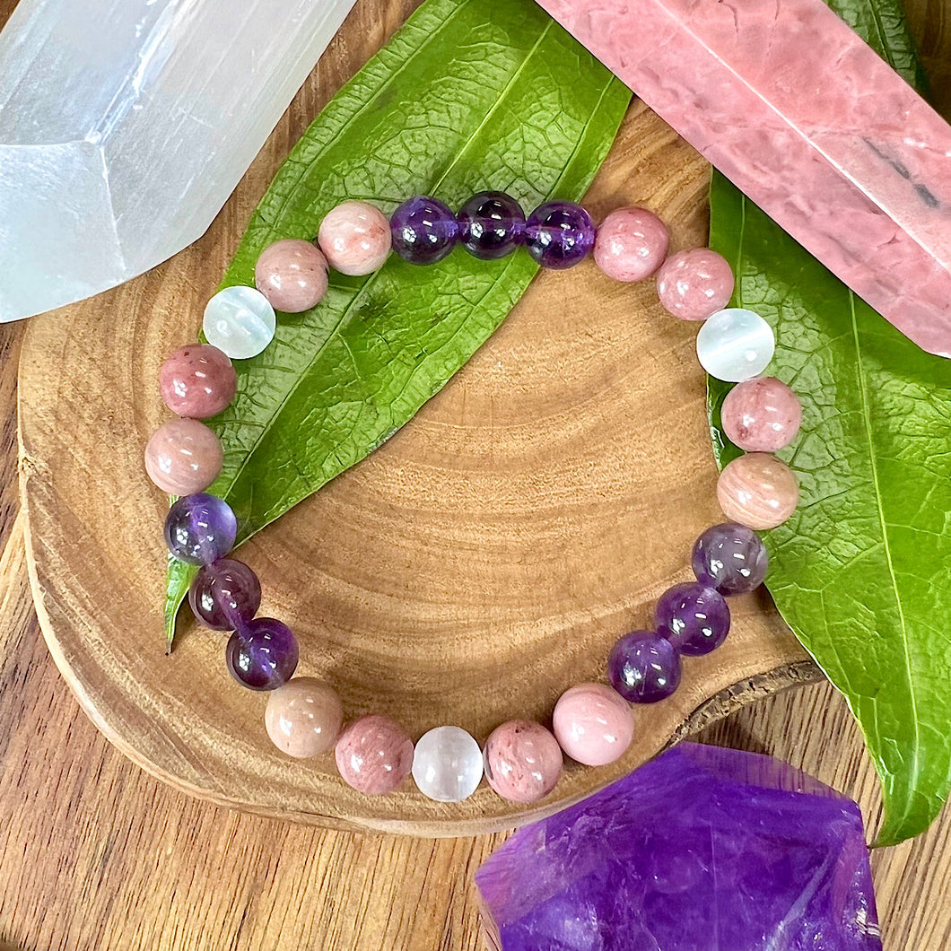 Unconditional Self Love Rhodonite Amethyst Satin Spar Selenite 8mm Stretch Bracelet