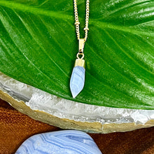 Load image into Gallery viewer, Blue Lace Agate Serenity &amp; Calm Faceted Point Pendant 18&quot; Gold Necklace