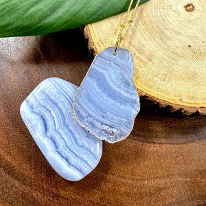 Limited Goddess Blue Lace Agate Slice Pendant 18” Gold Necklace