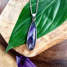 Load image into Gallery viewer, Chevron Amethyst Long Teardrop Spiritual Intuition Crystal Pendant 18” White Gold Necklace