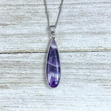 Load image into Gallery viewer, Chevron Amethyst Long Teardrop Spiritual Intuition Crystal Pendant 18” White Gold Necklace