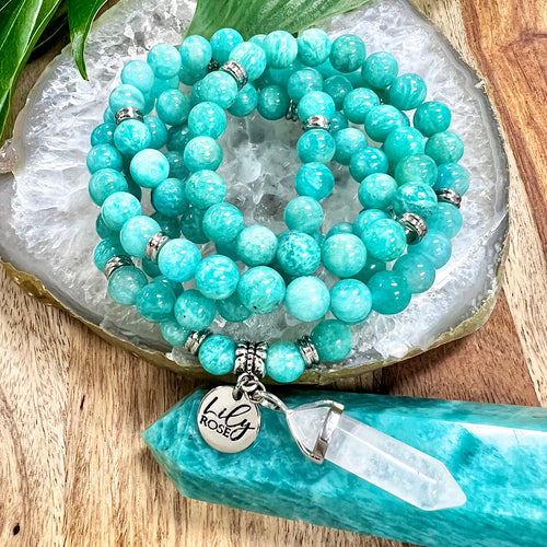 Peruvian Amazonite Deep Teal Heart Chakra Activation 108 Mala Necklace Bracelet