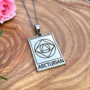 Elizabeth April EA Arcturian 2 Sided Channeled & Attuned Evil Eye Protection Cosmic Species Sacred Geometry Card Tag Pendant 18” White Gold Necklace