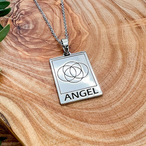 Elizabeth April EA Angel 2 Sided Channeled & Attuned Evil Eye Protection Cosmic Species Sacred Geometry Card Tag Pendant 18” White Gold Necklace