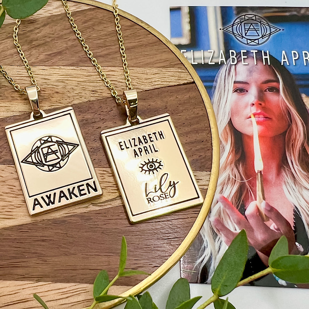 Elizabeth April EA Awaken 2 Sided Channeled & Attuned Evil Eye Protection Cosmic Species Sacred Geometry Card Tag Pendant 18” Gold Necklace