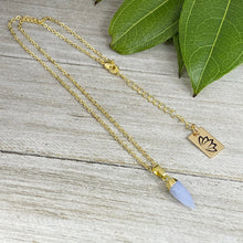 Load image into Gallery viewer, Blue Lace Agate Serenity &amp; Calm Faceted Point Pendant 18&quot; Gold Necklace