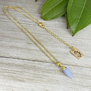 Blue Lace Agate Serenity & Calm Faceted Point Pendant 18" Gold Necklace