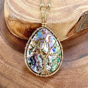 Tree of Life XL Teardrop Abalone Shell Wire Wrapped Pendant 30” Gold Necklace