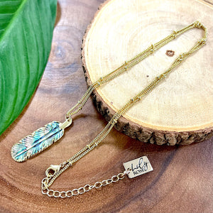 Abalone Shell Beautiful Little Feather Pendant 18” Gold Necklace