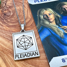 Load image into Gallery viewer, Elizabeth April EA Pleiadian 2 Sided Channeled &amp; Attuned Evil Eye Protection Cosmic Species Sacred Geometry Card Tag Pendant 18” White Gold Necklace