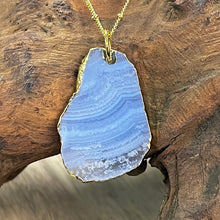 Load image into Gallery viewer, Limited Goddess Blue Lace Agate Slice Pendant 18” Gold Necklace
