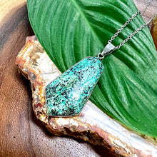 Load image into Gallery viewer, African Turquoise Release &amp; Reawaken XL Shield Gemstone Pendant 18” White Gold Necklace