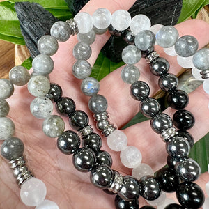Ombre Collection Energy Transmutation & Earth Roots Selenite Labradorite Hematite Black Tourmaline 108 Stretch Mala Necklace Bracelet