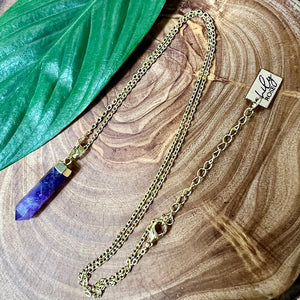 Amethyst Spiritual Intuition Full Tower Point Pendant 18” Gold Necklace