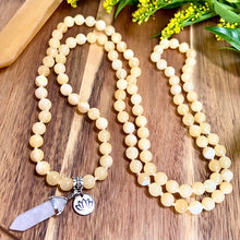 Load image into Gallery viewer, Honey Calcite Sunny Energy &amp; Self-Confidence 108 Hand Knotted Mala with Point Charm Pendant Necklace