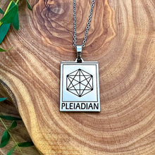 Load image into Gallery viewer, Elizabeth April EA Pleiadian 2 Sided Channeled &amp; Attuned Evil Eye Protection Cosmic Species Sacred Geometry Card Tag Pendant 18” White Gold Necklace