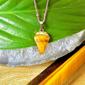 Faceted Shield Tigers Eye Minimalist Crystal Pendant 14” + 2" Gold Necklace