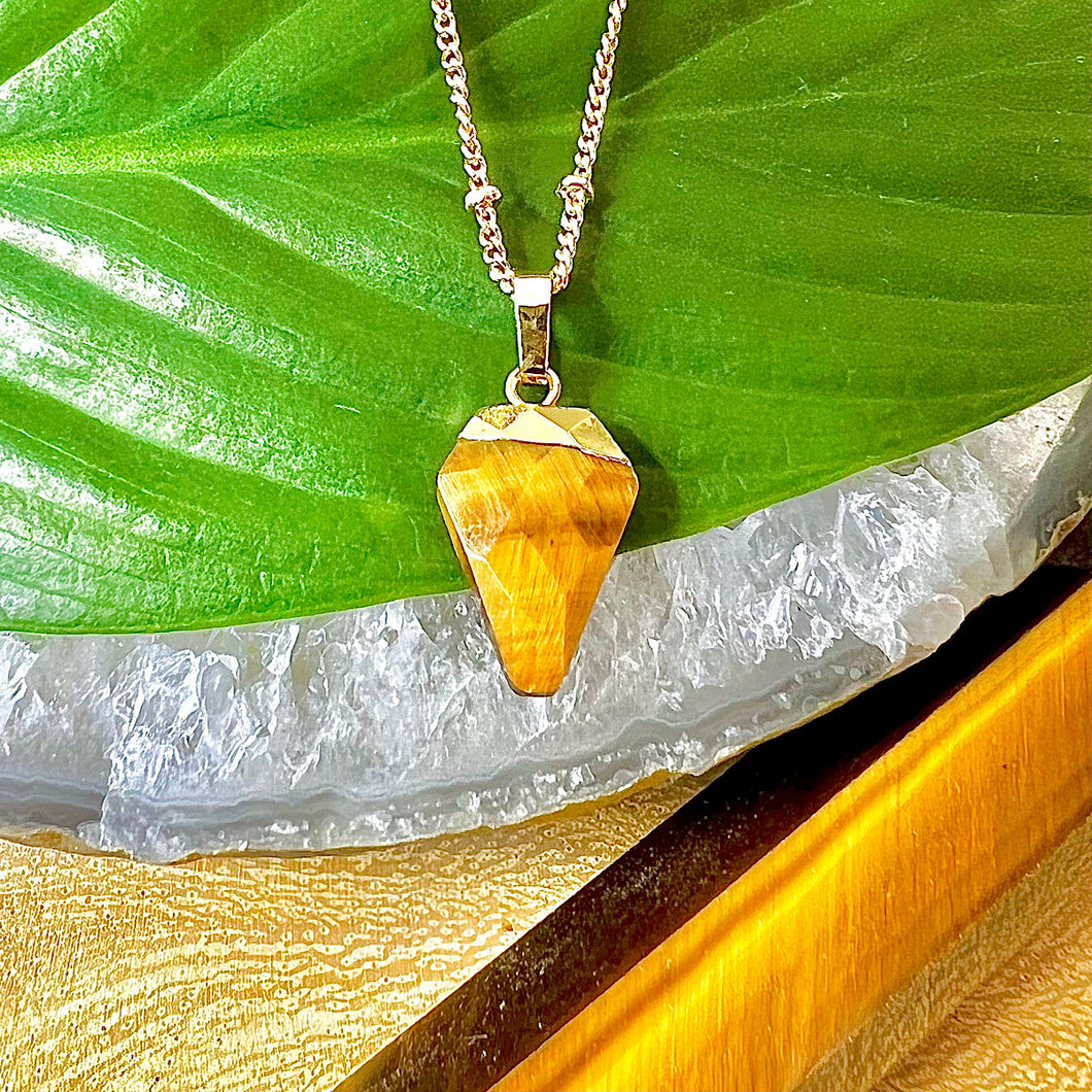 Faceted Shield Tigers Eye Minimalist Crystal Pendant 14” + 2