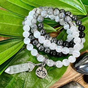 Ombre Collection Energy Transmutation & Earth Roots Selenite Labradorite Hematite Black Tourmaline 108 Stretch Mala Necklace Bracelet