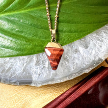 Load image into Gallery viewer, Faceted Shield Red Tigers Eye Minimalist Crystal Pendant 14” + 2&quot; Gold Necklace