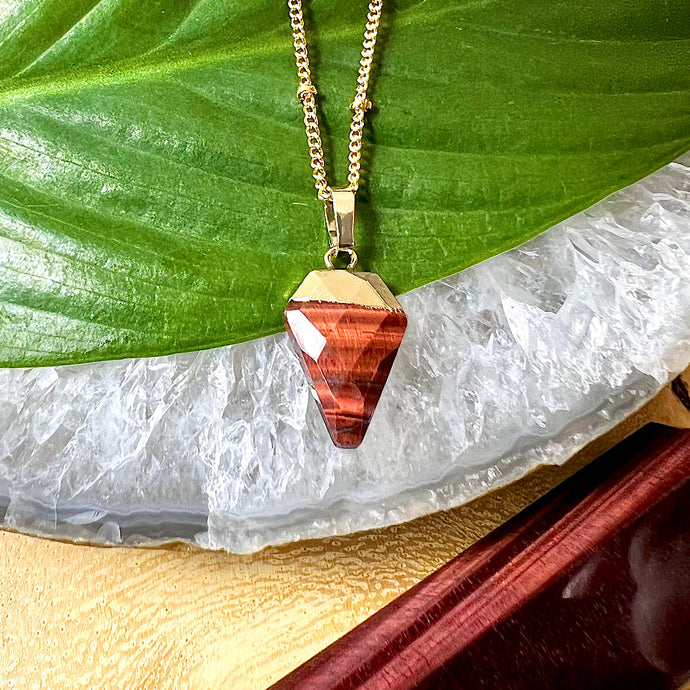 Faceted Shield Red Tigers Eye Minimalist Crystal Pendant 14” + 2