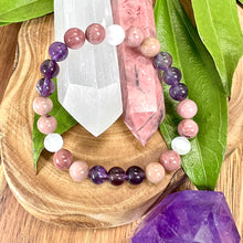 Load image into Gallery viewer, Unconditional Self Love Rhodonite Amethyst Satin Spar Selenite 8mm Stretch Bracelet