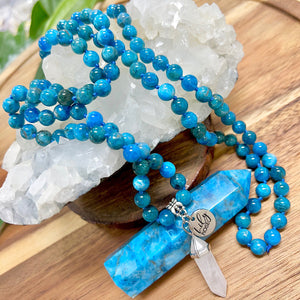 Blue Apatite Manifestation & Motivation 108 Hand Knotted Mala with Point Charm Pendant Necklace