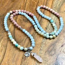 Load image into Gallery viewer, Limited Edition Triple Power Aquamarine, Rhodonite, Amazonite Rebirth Tranquility 108 Mala Necklace Bracelet