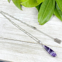 Load image into Gallery viewer, Chevron Amethyst Long Teardrop Spiritual Intuition Crystal Pendant 18” White Gold Necklace