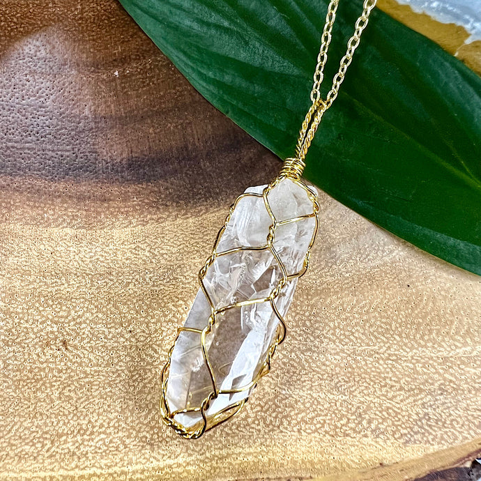 Basket Weave Wire Wrapped Crystal Clear Quartz Raw Pendant 30” Gold Necklace