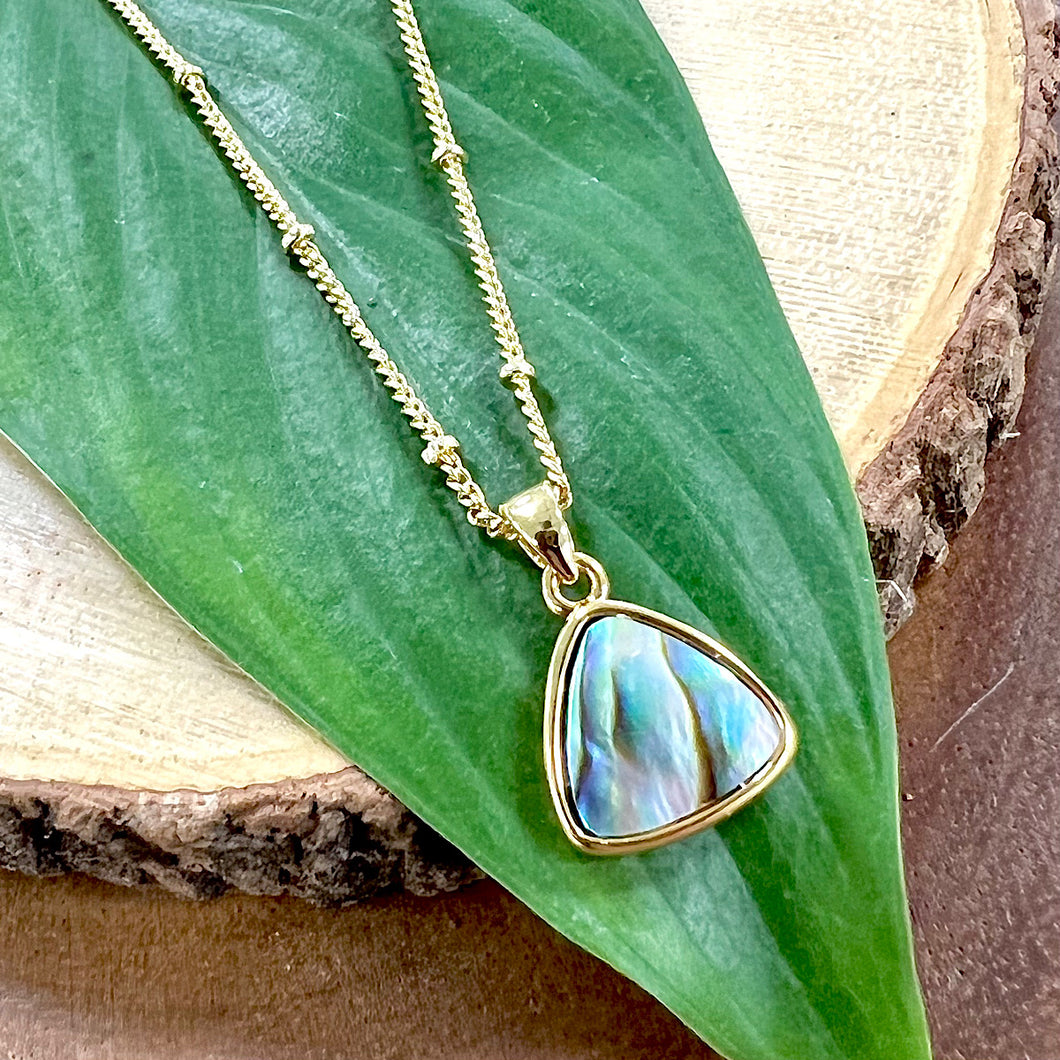 Abalone Shell Sweet Mini Triangle Beauty & Tranquility Pendant 18” Gold Necklace
