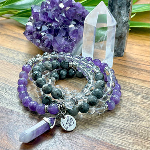 Limited Edition Triple Power Intention Labradorite, Amethyst, Clear Quartz 108 Mala Necklace Bracelet