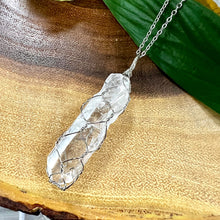 Load image into Gallery viewer, Basket Weave Wire Wrapped Crystal Clear Quartz Raw Pendant 30” White Gold Necklace