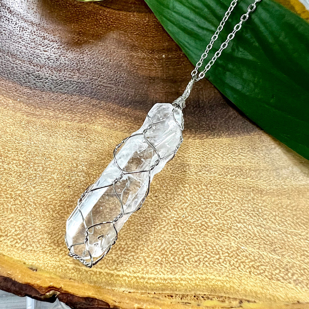 Basket Weave Wire Wrapped Crystal Clear Quartz Raw Pendant 30” White Gold Necklace