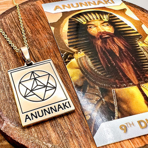 Elizabeth April EA Anunnaki 2 Sided Channeled & Attuned Evil Eye Protection Cosmic Species Sacred Geometry Card Tag Pendant 18” Gold Necklace