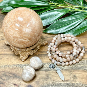 Peach Moonstone Heart Opening & Activation 108 Stretch Mala Necklace Bracelet