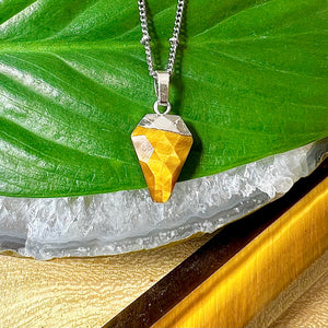 Faceted Shield Tigers Eye Minimalist Crystal Pendant 14” + 2" White Gold Necklace