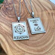 Load image into Gallery viewer, Elizabeth April EA Pleiadian 2 Sided Channeled &amp; Attuned Evil Eye Protection Cosmic Species Sacred Geometry Card Tag Pendant 18” White Gold Necklace