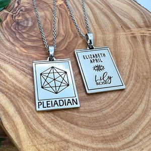 Elizabeth April EA Pleiadian 2 Sided Channeled & Attuned Evil Eye Protection Cosmic Species Sacred Geometry Card Tag Pendant 18” White Gold Necklace