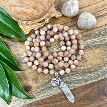 Load image into Gallery viewer, Peach Moonstone Heart Opening &amp; Activation 108 Hand Knotted Mala with Point Charm Pendant Necklace