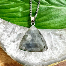 Load image into Gallery viewer, Geometric Triangle Medium Soft Labradorite Pendant 18” White Gold Necklace
