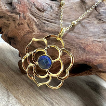 Load image into Gallery viewer, Spiritual Lotus Lapis Lazuli Open Flower Pendant 30” Gold Necklace
