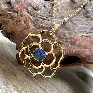 Spiritual Lotus Lapis Lazuli Open Flower Pendant 30” Gold Necklace
