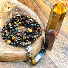 Load image into Gallery viewer, Limited Edition Triple Power Red Tigers Eye Blue Tigers Eye and Yellow Tigers Eye 108 Mala Necklace Bracelet