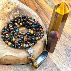 Limited Edition Triple Power Red Tigers Eye Blue Tigers Eye and Yellow Tigers Eye 108 Mala Necklace Bracelet