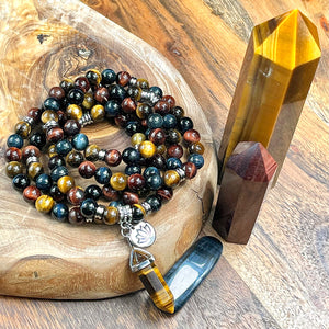 Limited Edition Triple Power Red Tigers Eye Blue Tigers Eye and Yellow Tigers Eye 108 Mala Necklace Bracelet